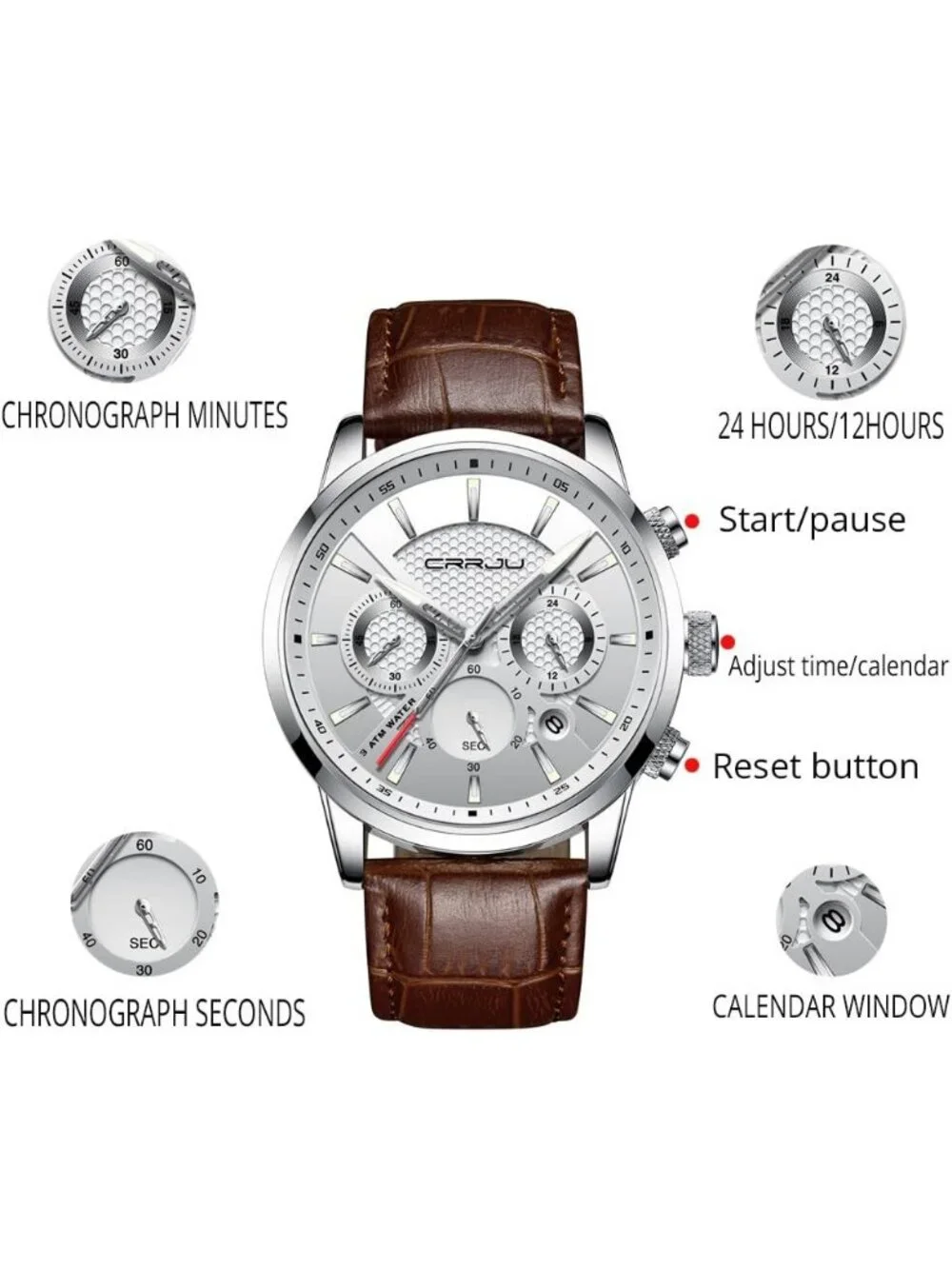Men's Silver White Chronograph Leather Strap Quartz Waterproof Wrist Watch